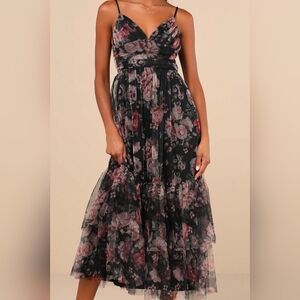 Lulu's Black Maxi Dress with Dusty Rose Floral Print